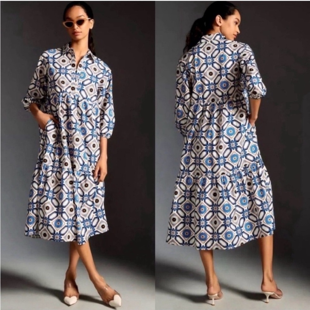 Anthropologie Maeve The Bettina tiered shirt dress XL blue and white pattern